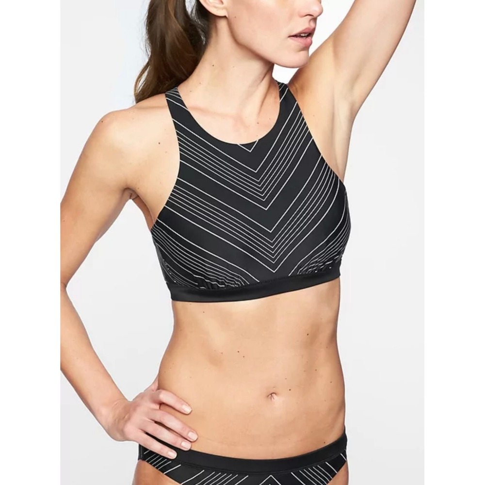 Athleta Women's Black White Chevron Stripe High Neck Strappy Bikini Top Sz 32B/C